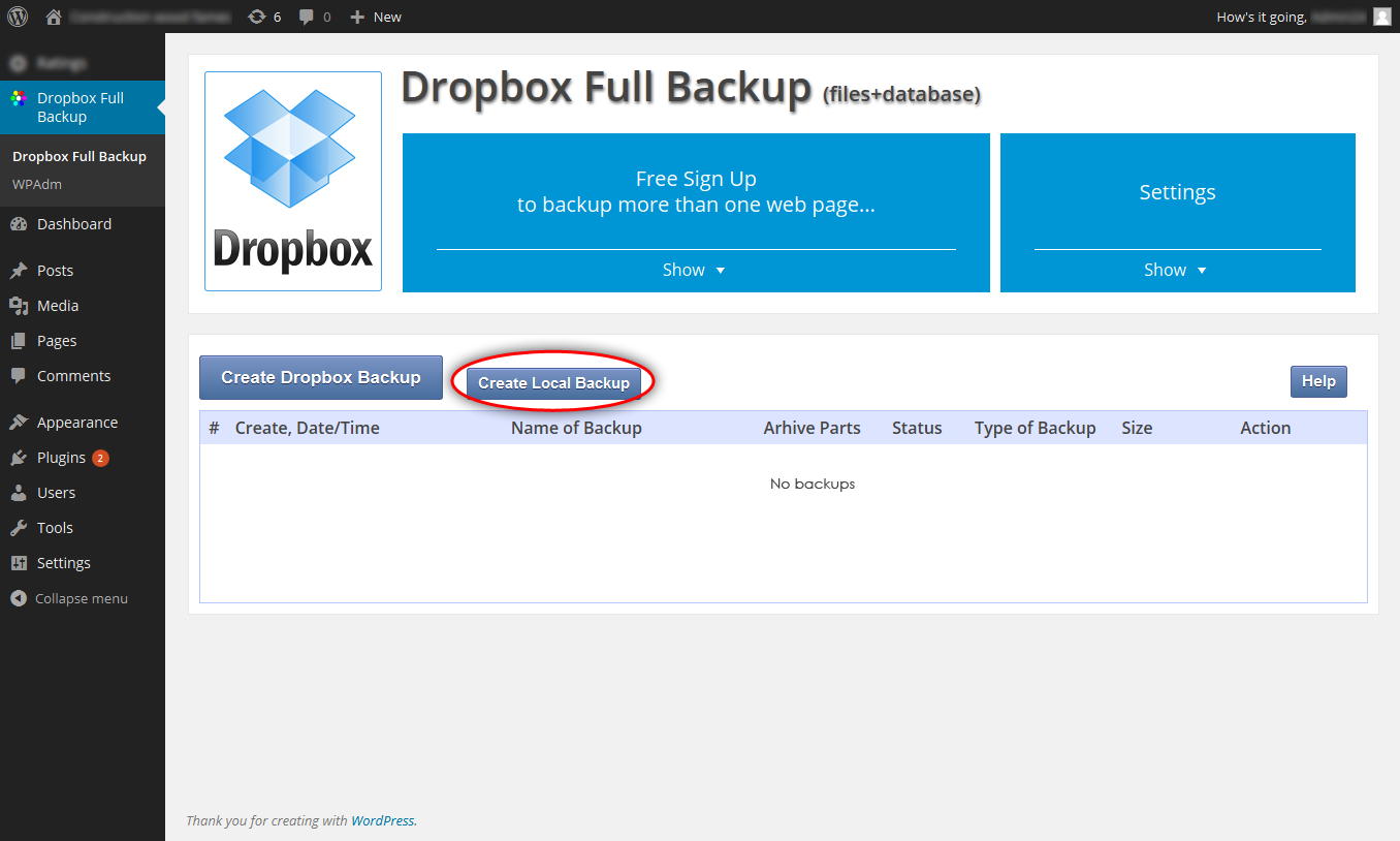 Table **list of backups** (local backups and dropbox backups), that was created with Dropbox Full Backup and Restore plugin.