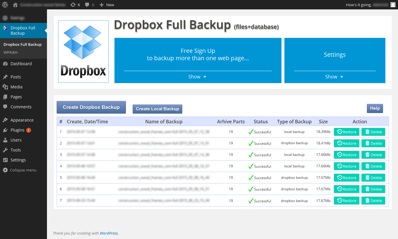 With "Restore" button you can restore any local or Dropbox backup created before.