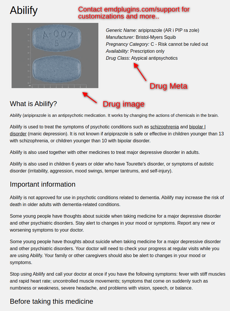 Display drug information in its own page