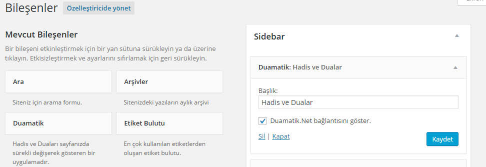 Bileşen, Görünüm/Bileşenler sayfasına yerleşiyor.