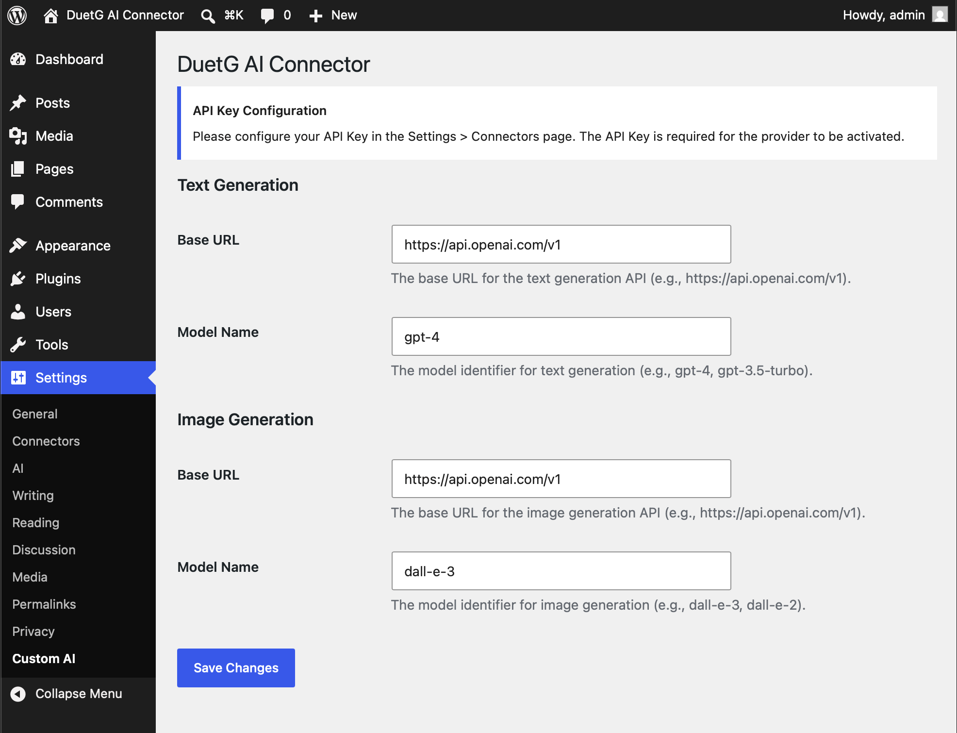 连接器界面 - 管理您的 AI 提供商的 API Key。