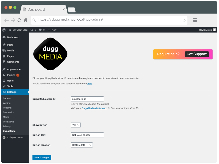The settings interface: add your DuggMedia store ID to the plugin.
