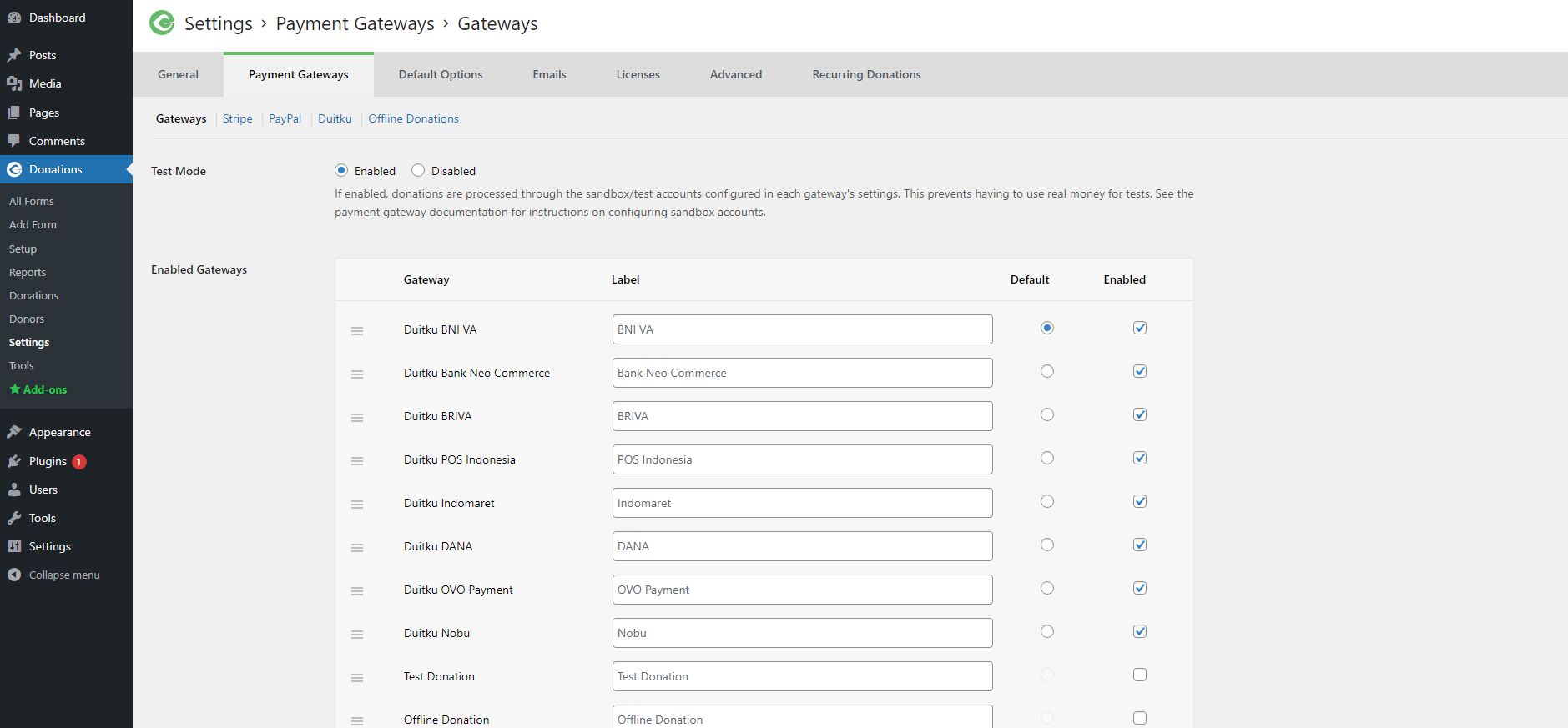Payment List Settings