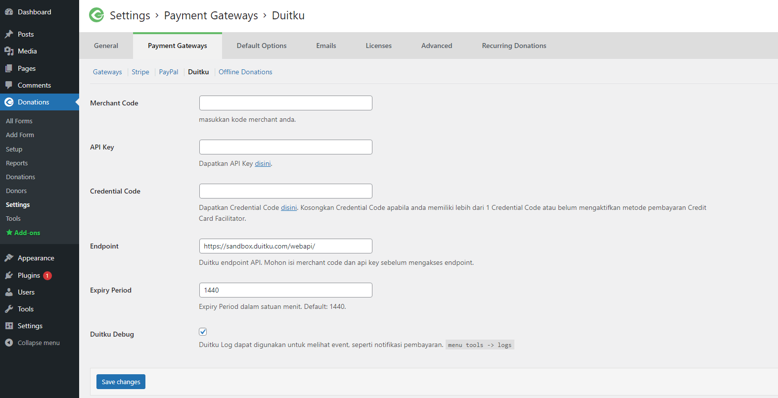 Duitku Credentials Settings