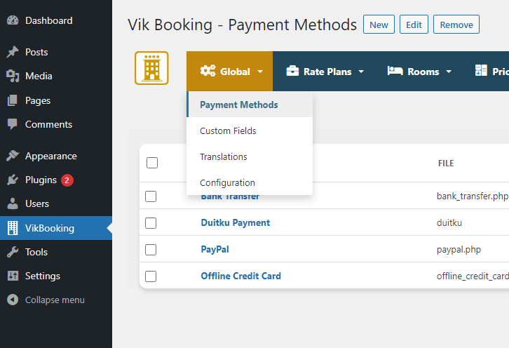 Payment Methods Menu