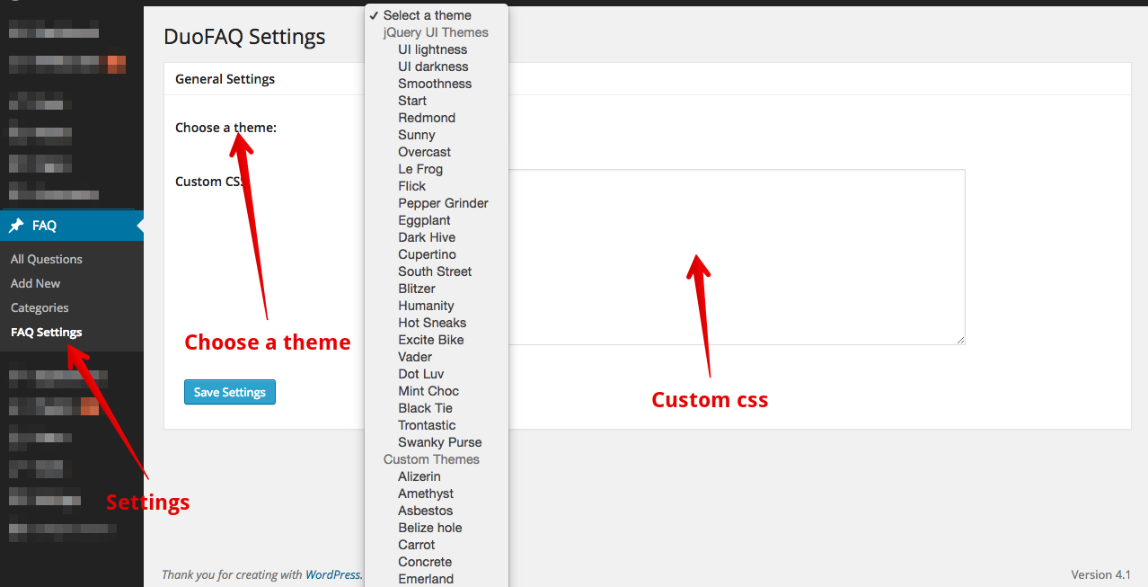 The FAQ settings page