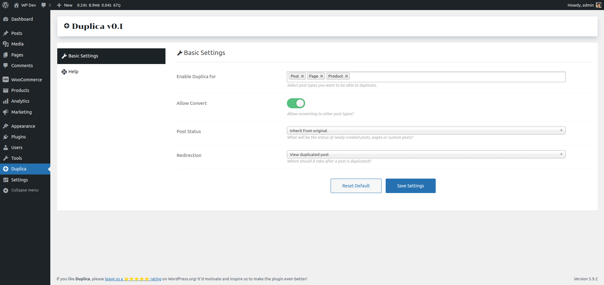Settings screen