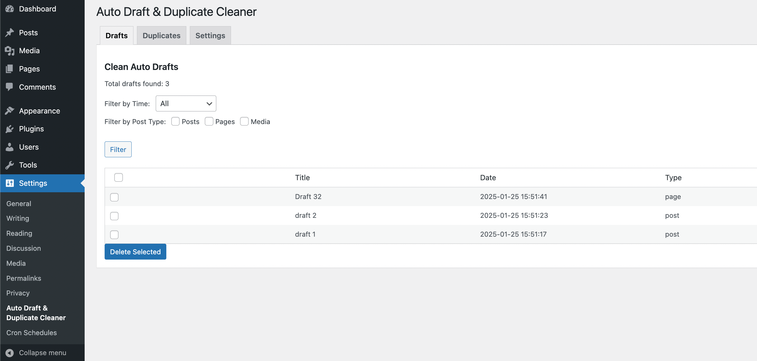 Draft cleaner screen showing draft filters, bulk selection, and manual cleanup options.