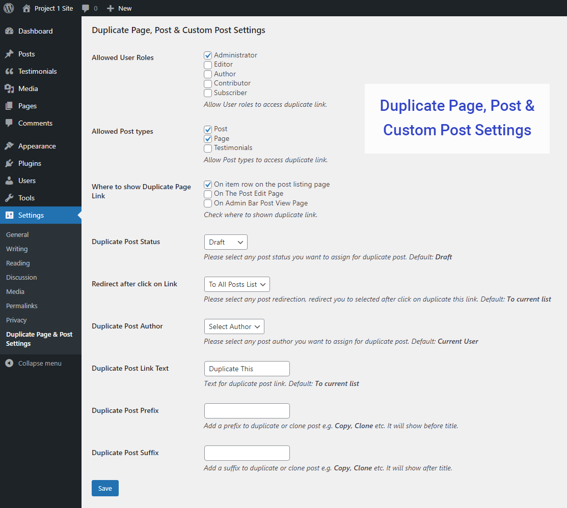 Duplicate page, post and custom post type setting