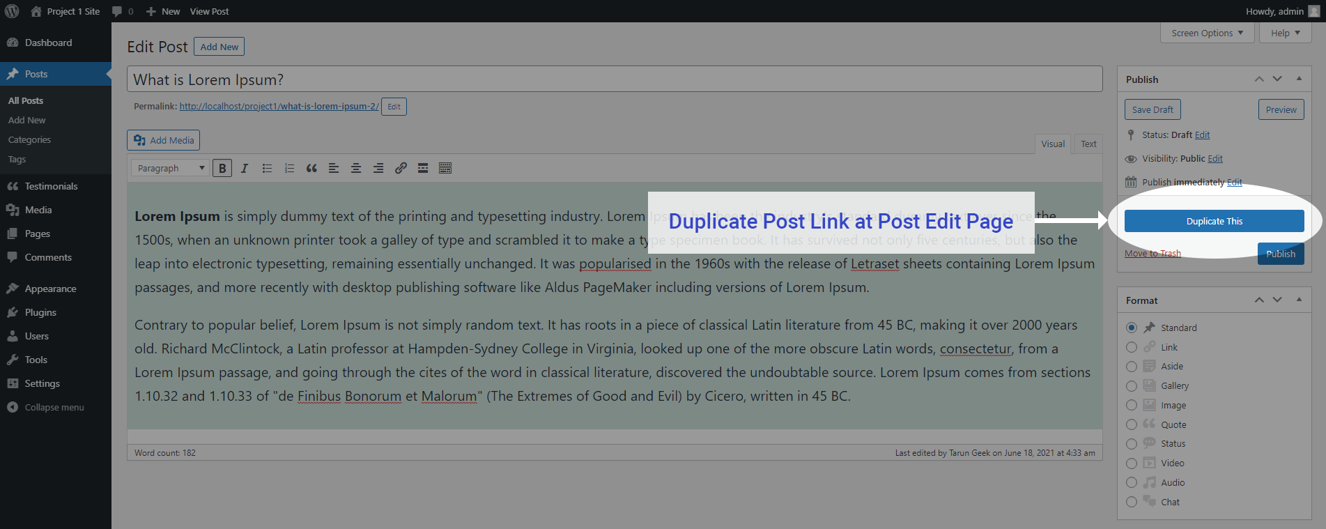 Duplicate post link at post edit page