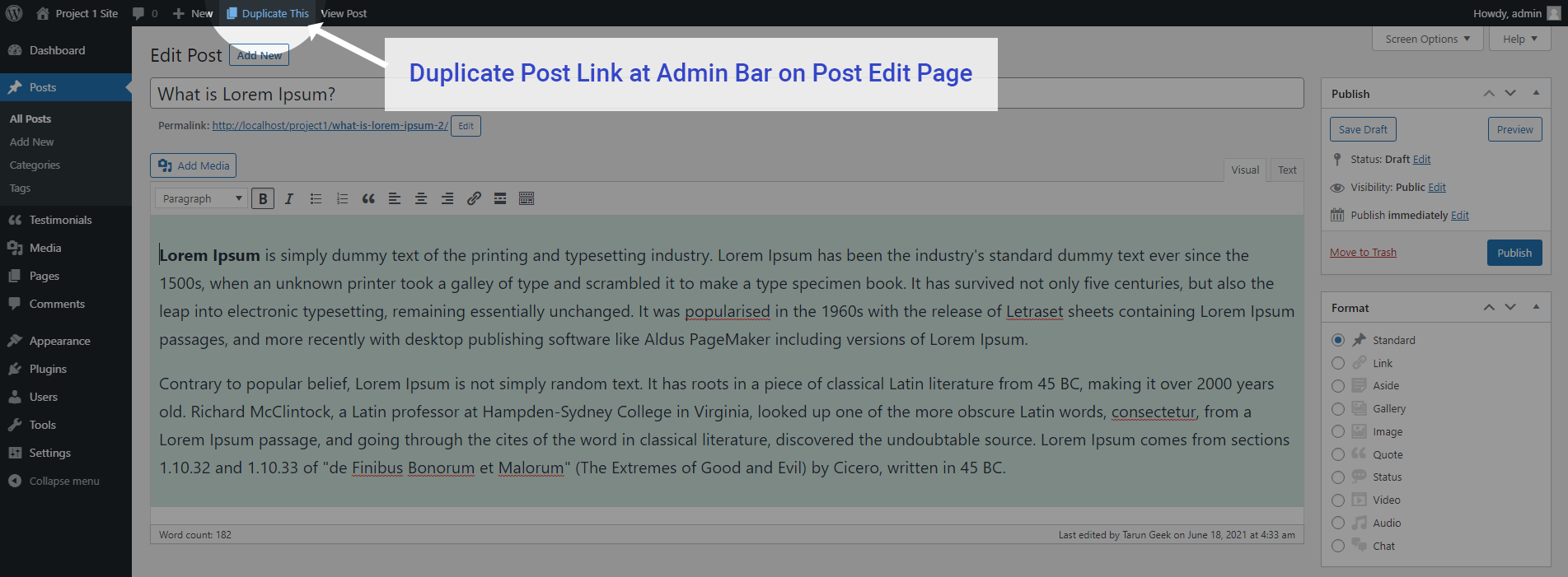 Duplicate post link at admin bar on post edit page