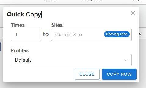 Quick Copy popup – choose how many copies to create, select a profile, and duplicate posts or pages instantly.