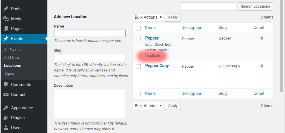 This is where new Duplicate option will be placed for each term