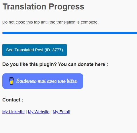 The translation page with a finalized translation and a button that leads to the translated post.