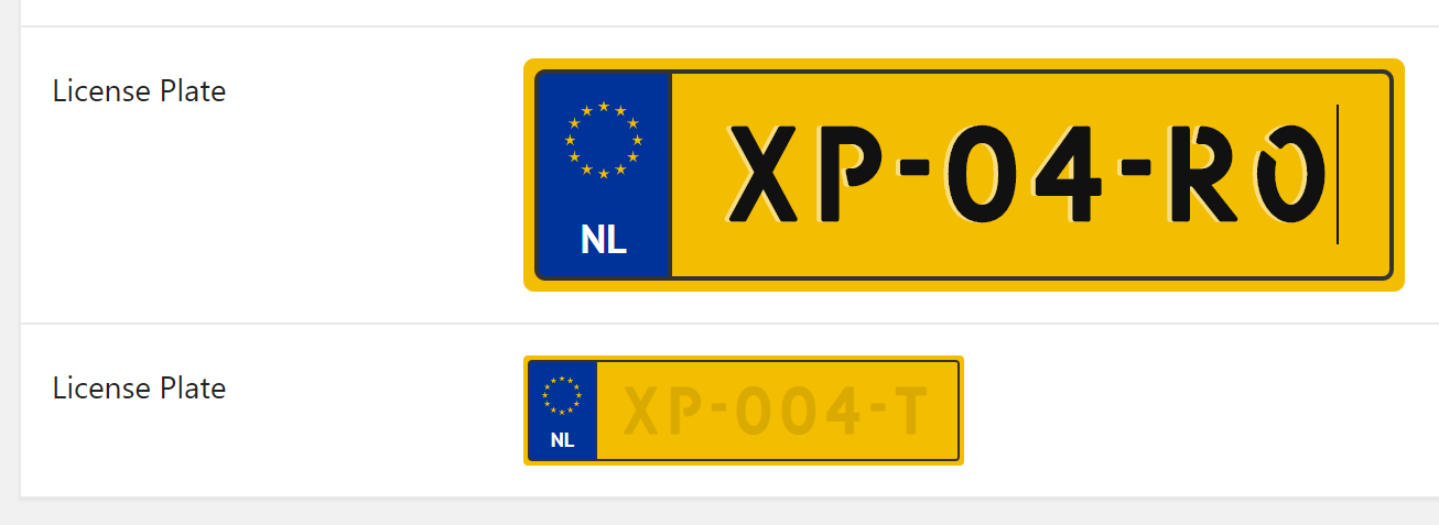 Example of how the "CMB2 Field Type: Dutch License Plate" looks like.