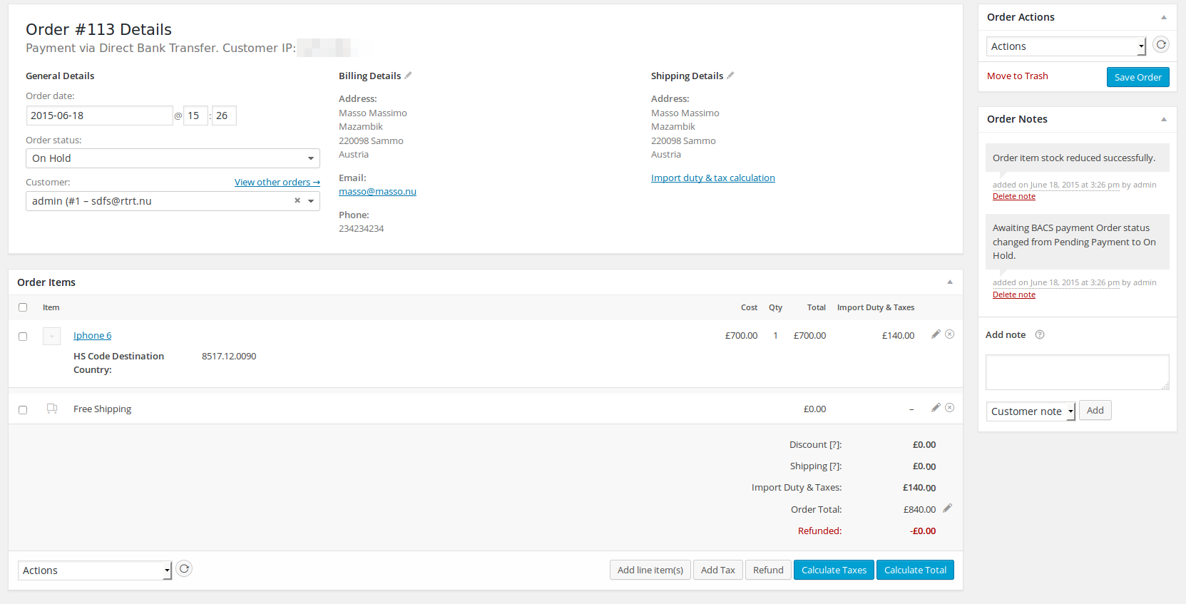 Backend: Import duty & taxes in order total, with HS codes