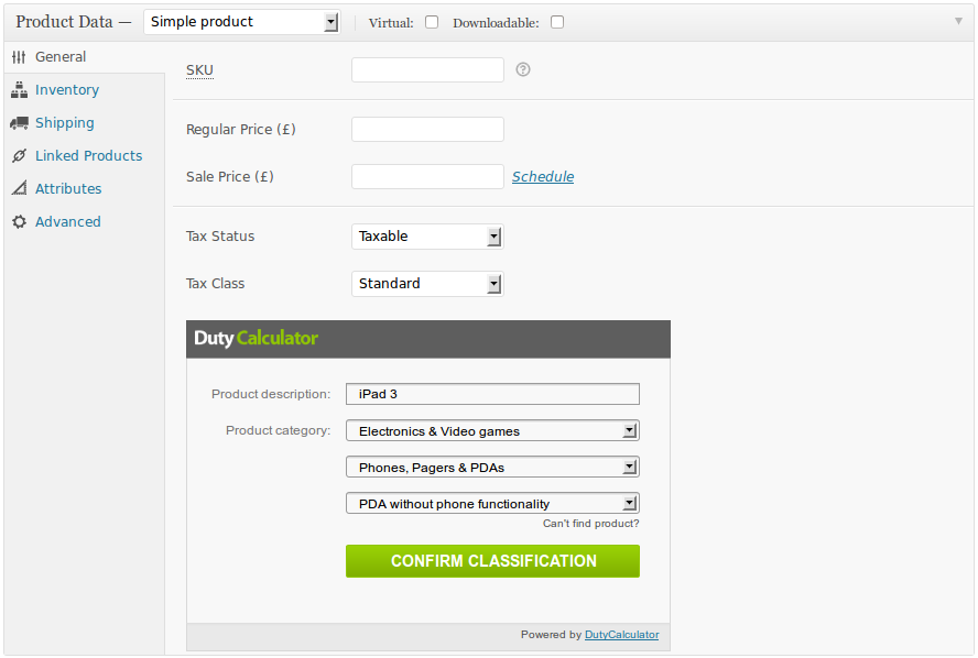 Backend: Ability to select duty category for each product
