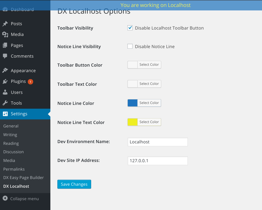 DX localhost settings page