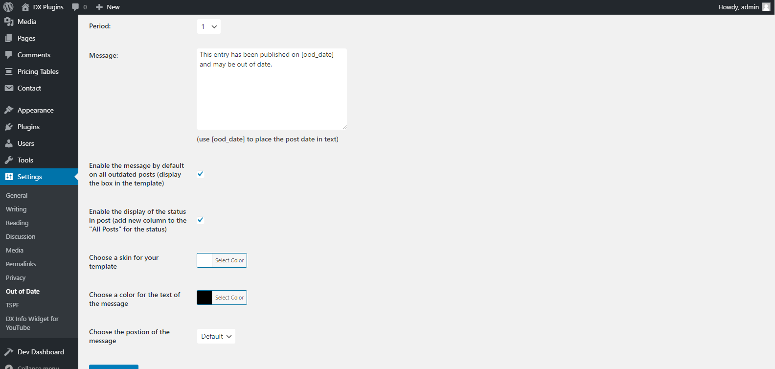 Admin options page