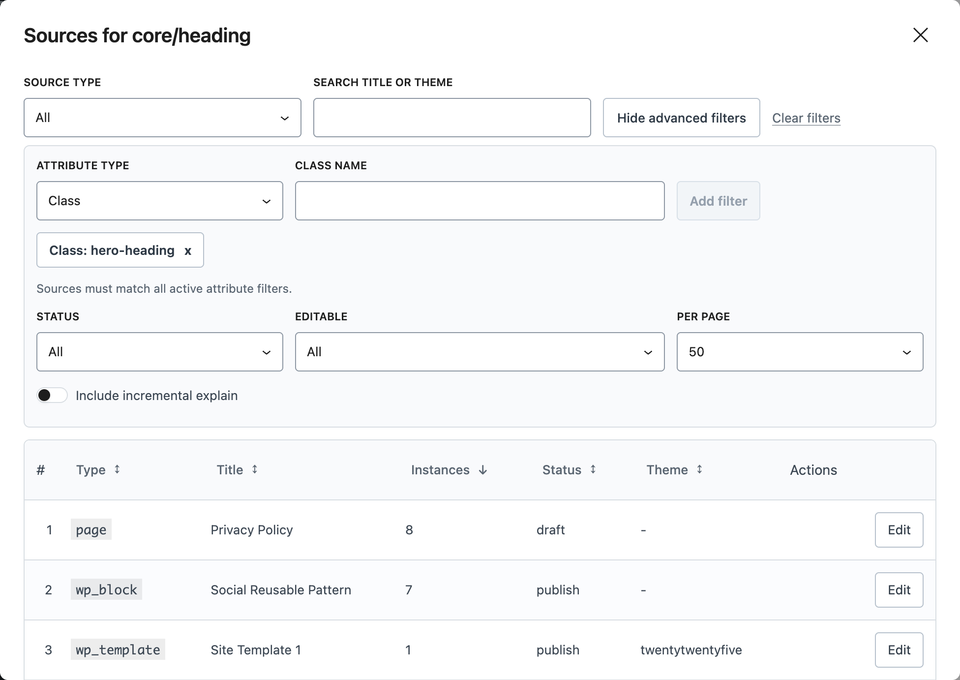 Filter a block's sources by content metadata and attributes, including CSS class names.