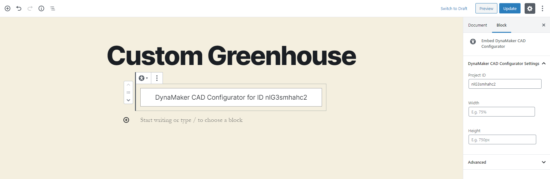 The DynaMaker CAD Configurator block and its settings in the Wordpress editor
