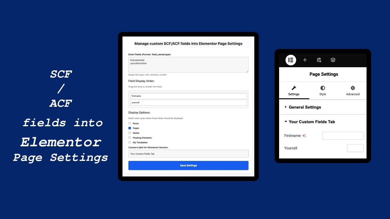 Elementor Page Settings with custom fields added.