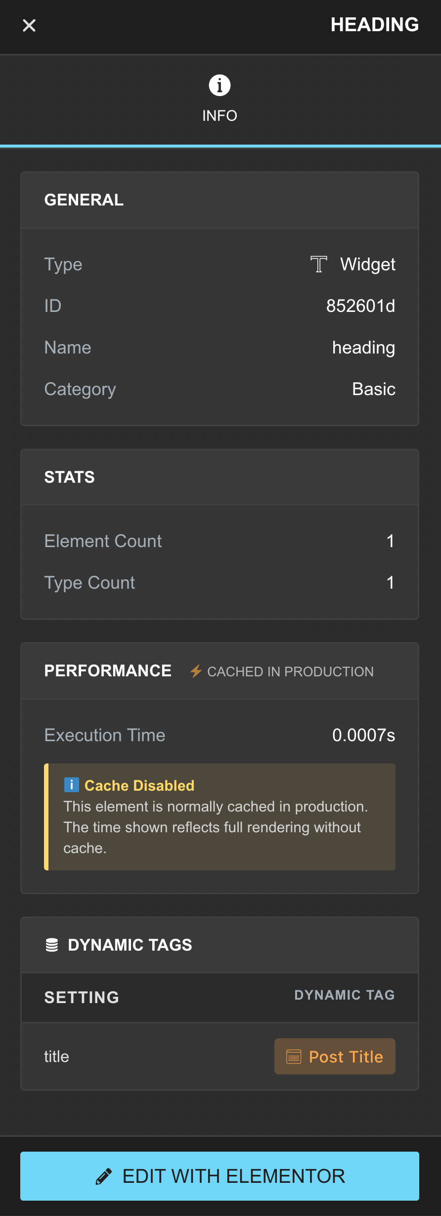 Detailed element info panel with stats, performance data, dynamic tags, and quick edit access