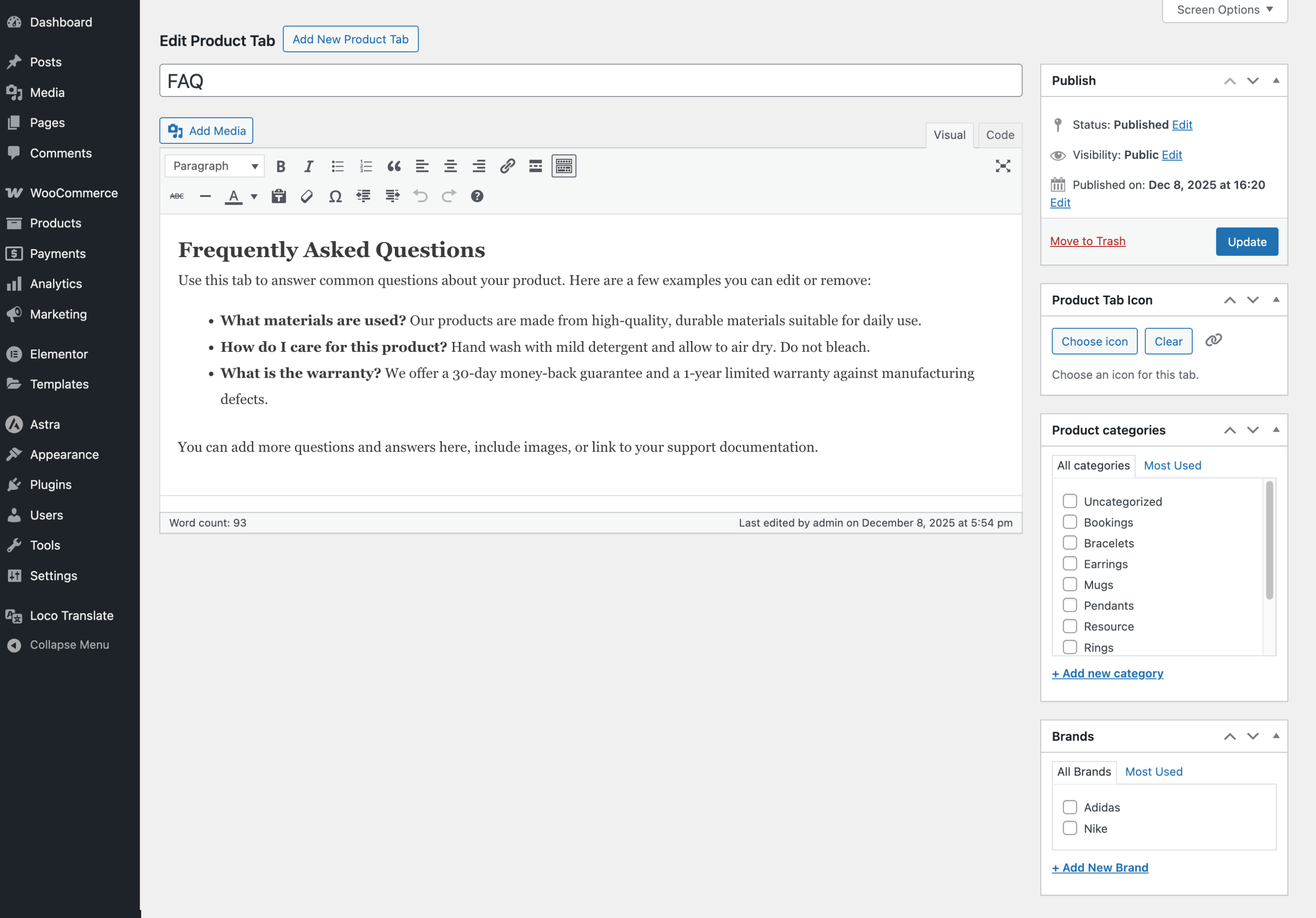 Global tab editor with icon picker and content editor
