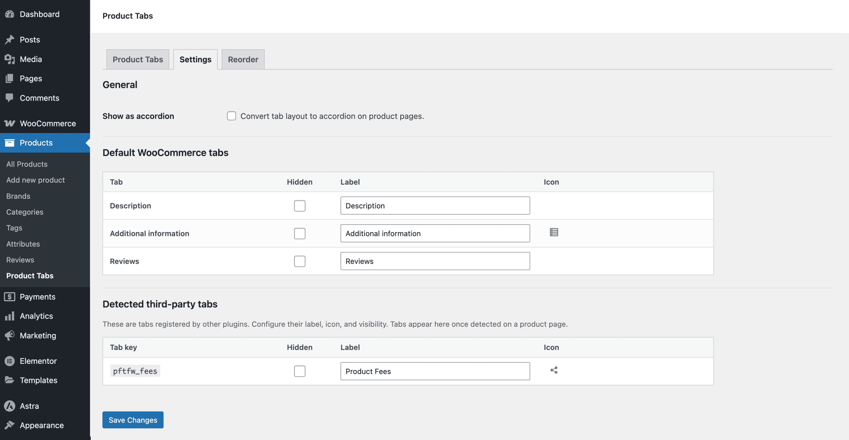 Settings screen to rename or hide default tabs and enable Accordion mode