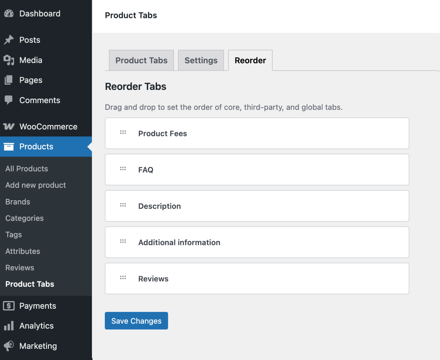 Reorder screen combining default WooCommerce tabs and custom tabs