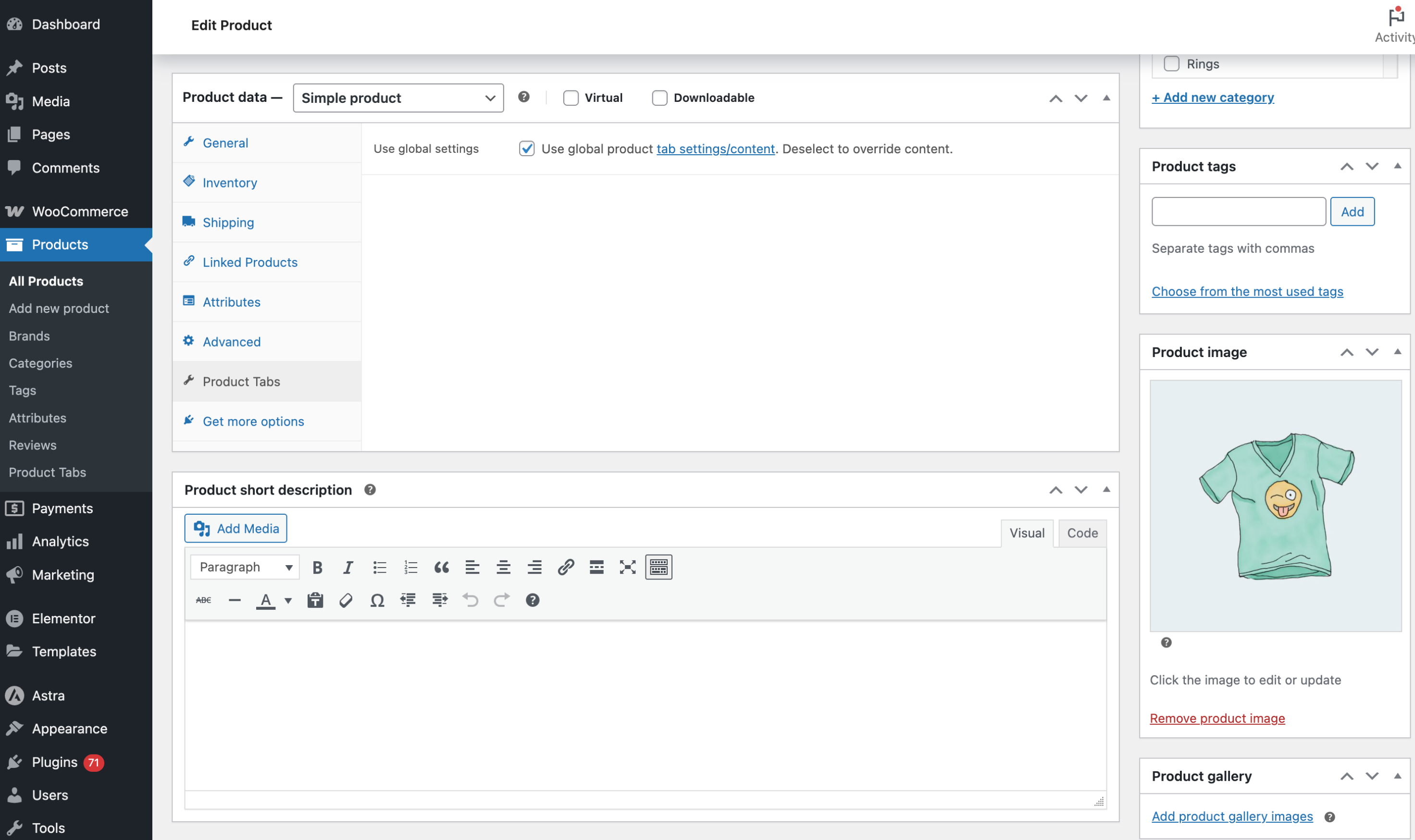 Product edit screen with product-specific tabs