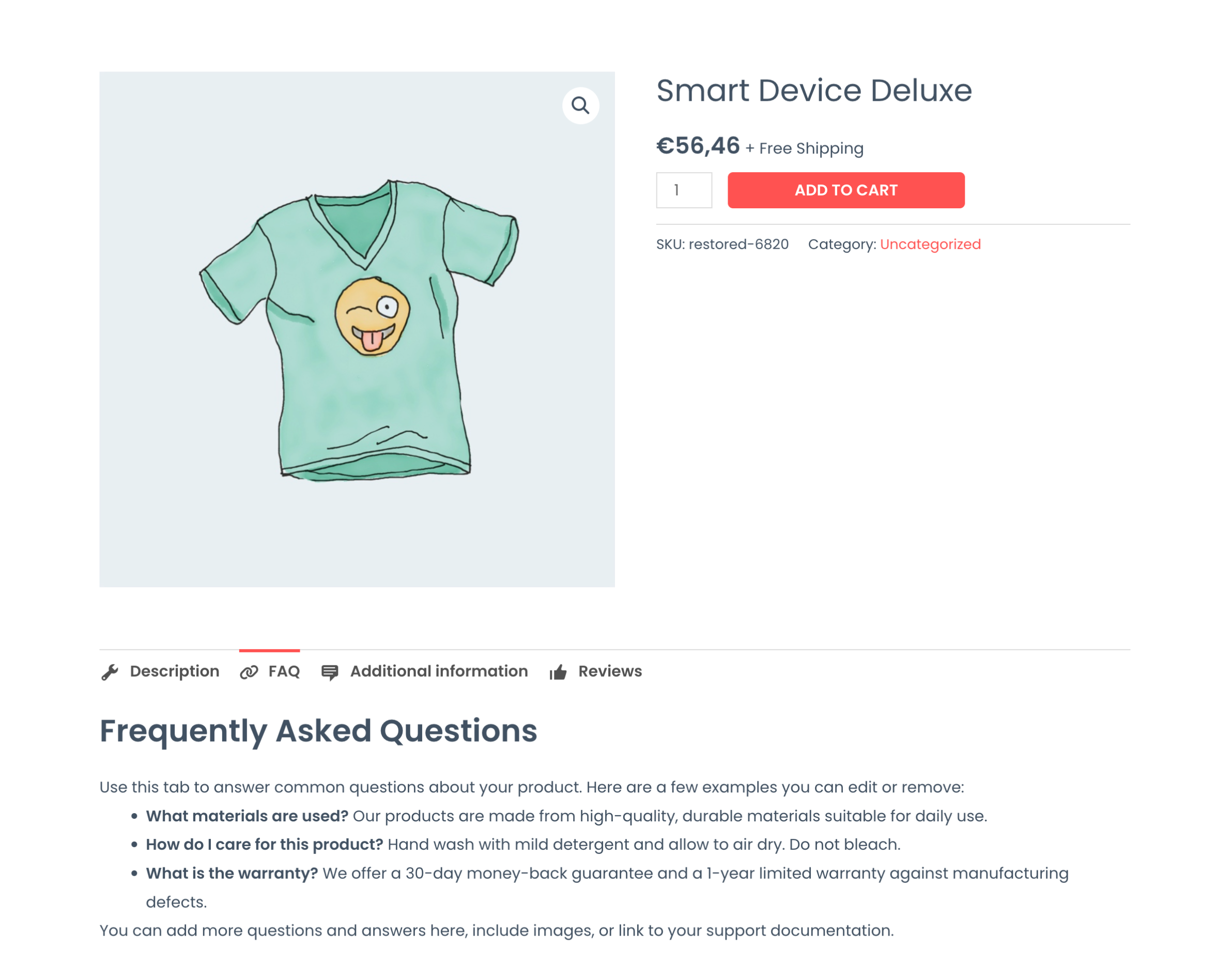 Front-end product page showing tabs with icons