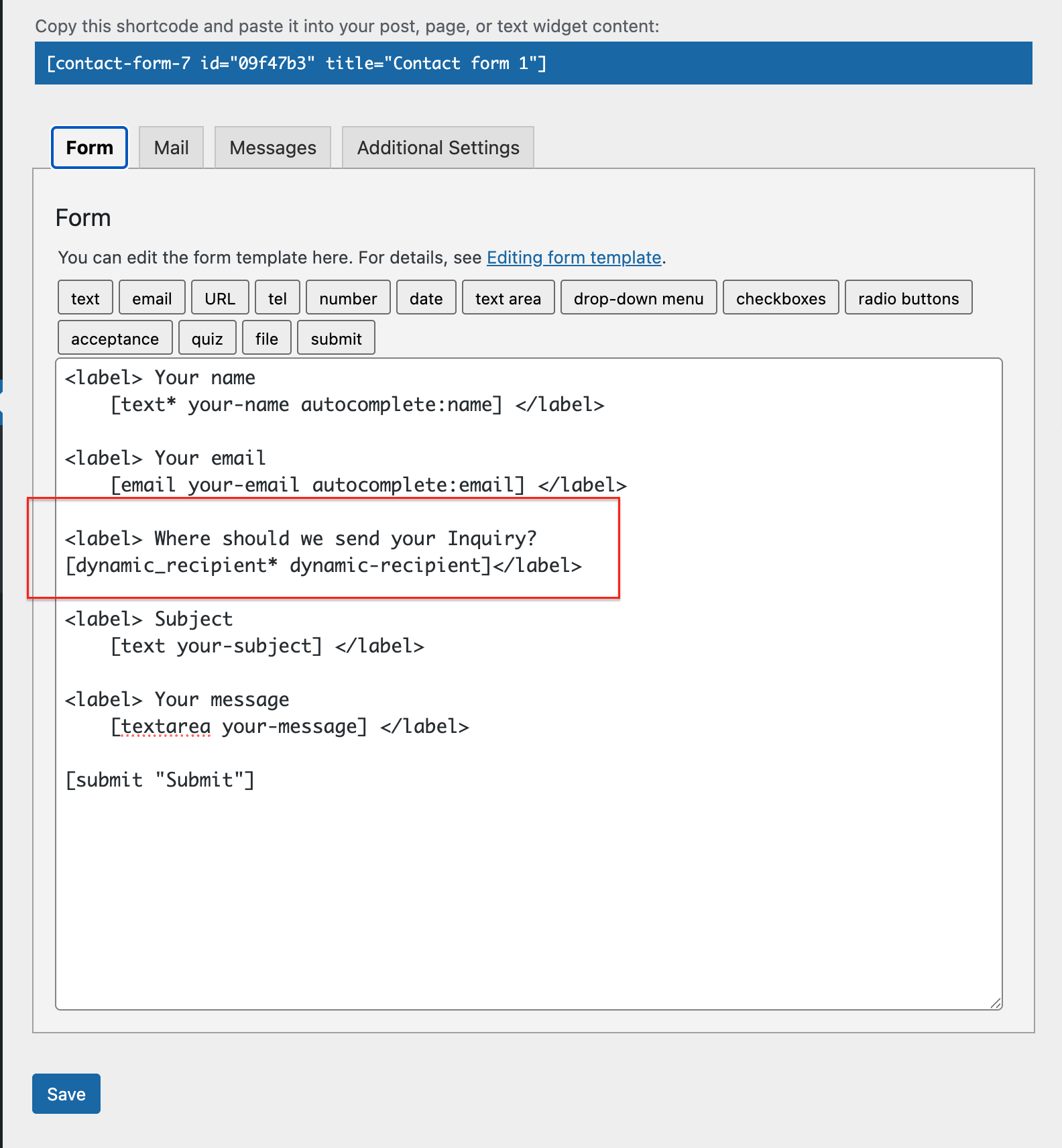 Shortcode placement in CF7 form