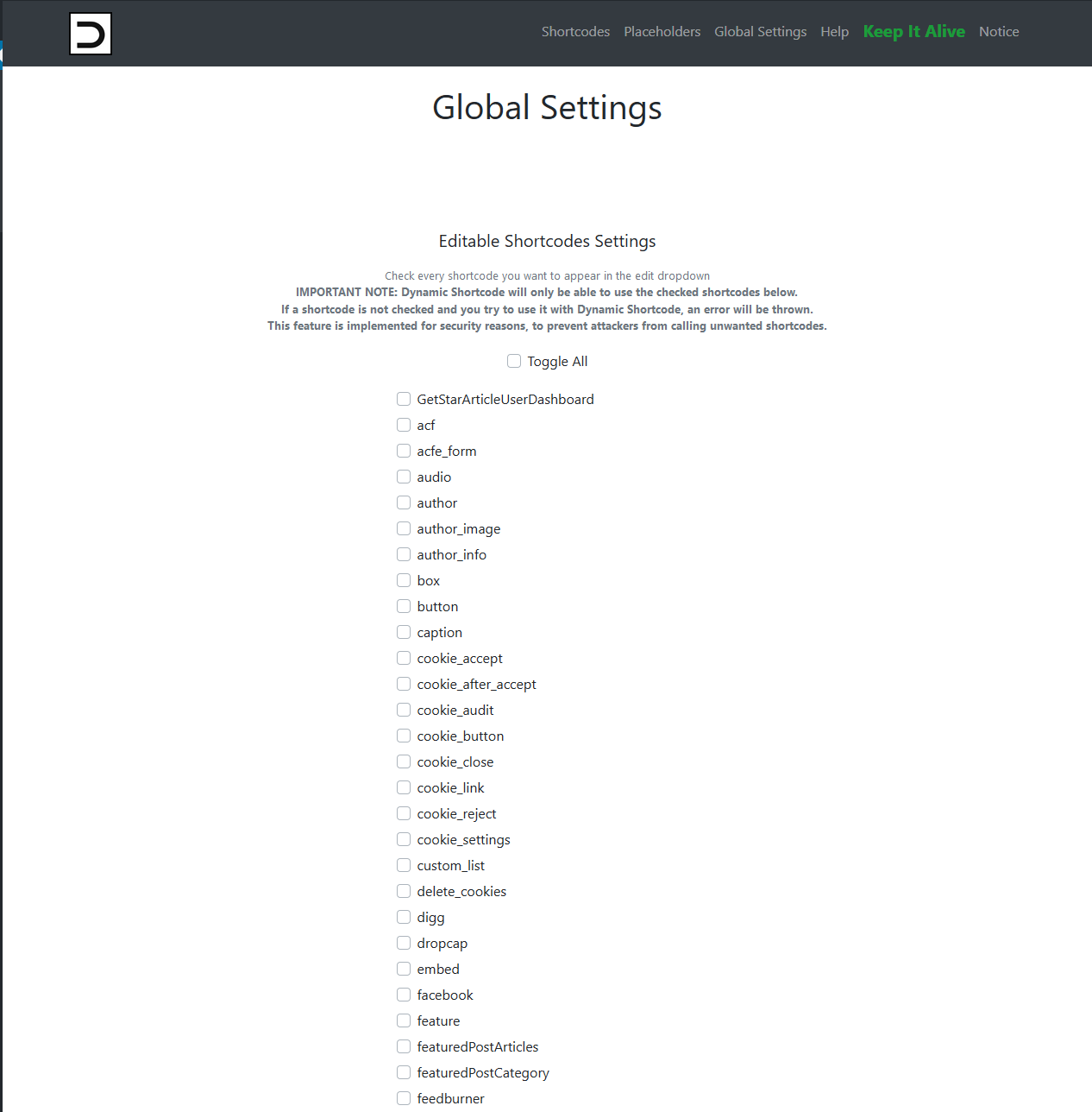 Dynamic Shortcode - Global Settings