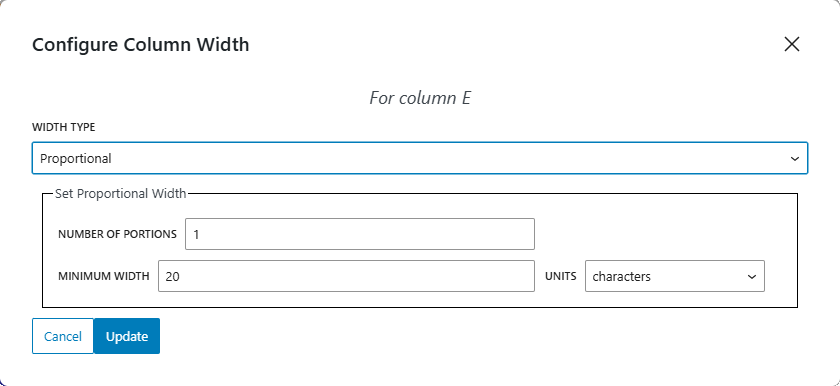 Set column width (corresponding configuration is available for rows too)