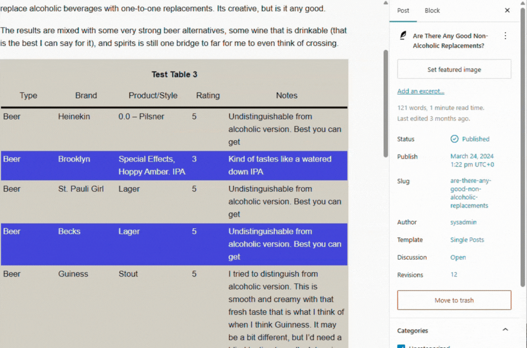 Format table body