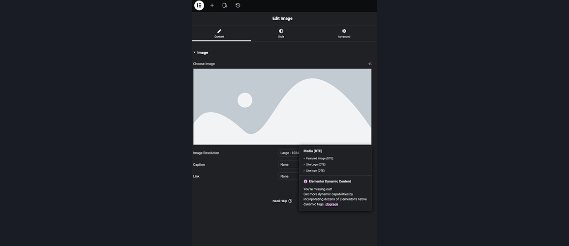 Dynamic tags dropdown in the Elementor Image widget editor – choose from Featured Image (DTE), Site Logo (DTE), Site Icon (DTE), and more.