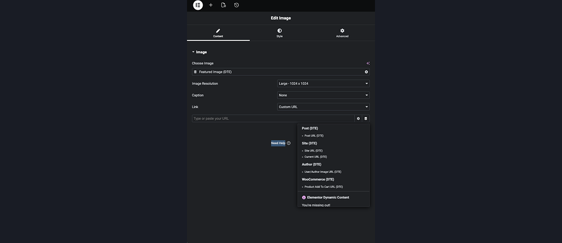 Link tags in action – selecting Post URL, Site Url (DTE), Current Url (DTE) etc directly in the Elementor editor for dynamic image link.