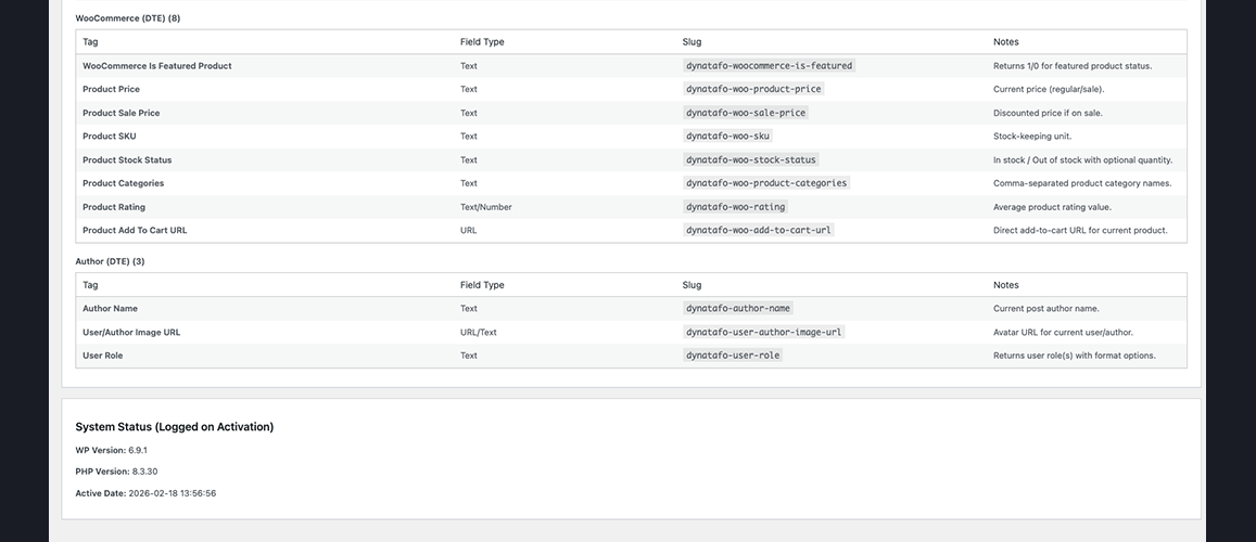 Quick Start and Dependency Status section in the plugin settings – shows how to use dynamic tags and checks for required plugins like Elementor, ACF, and WooCommerce.
