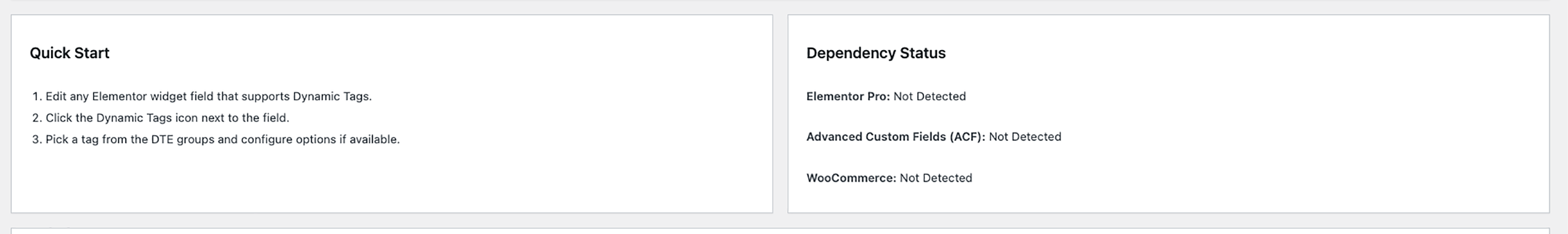 Comprehensive Tag Directory in the admin area – searchable list of all available dynamic tags grouped by category (Post, WooCommerce, Author, etc.), with slugs, field types, and notes.