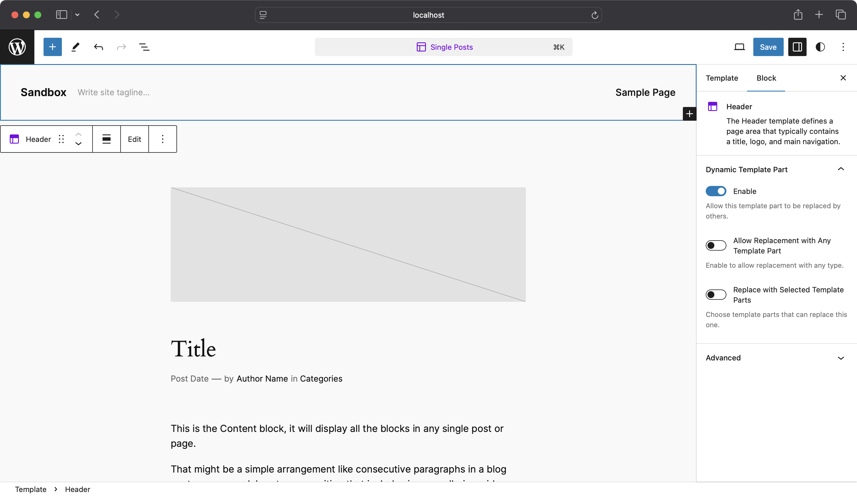 **Enable the Dynamic Template Part Option:** In the Template Part attributes panel, enable the Dynamic Template Part setting.