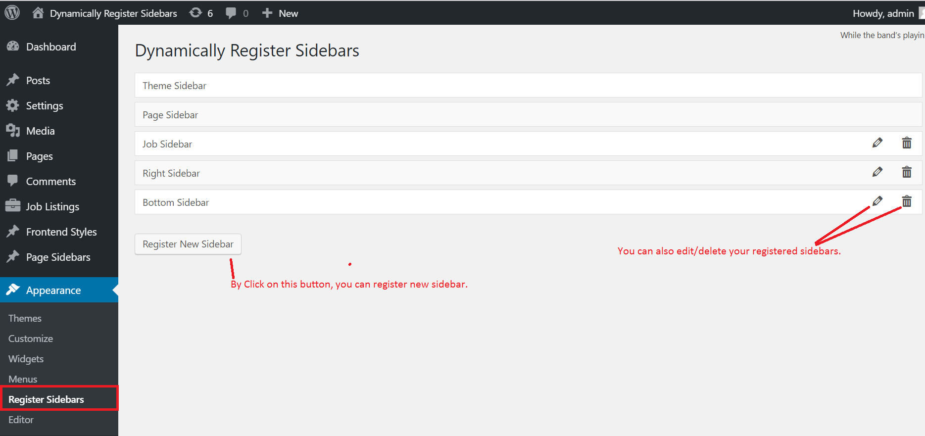 Now, you can register sidebars like as above screen.