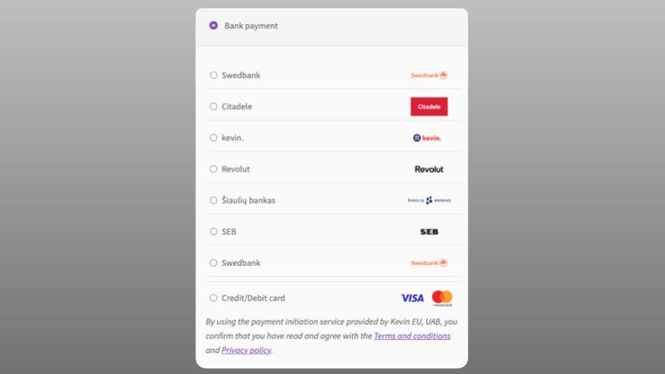 Use List view of banks for a detailed overview. Customers can also pay by card.