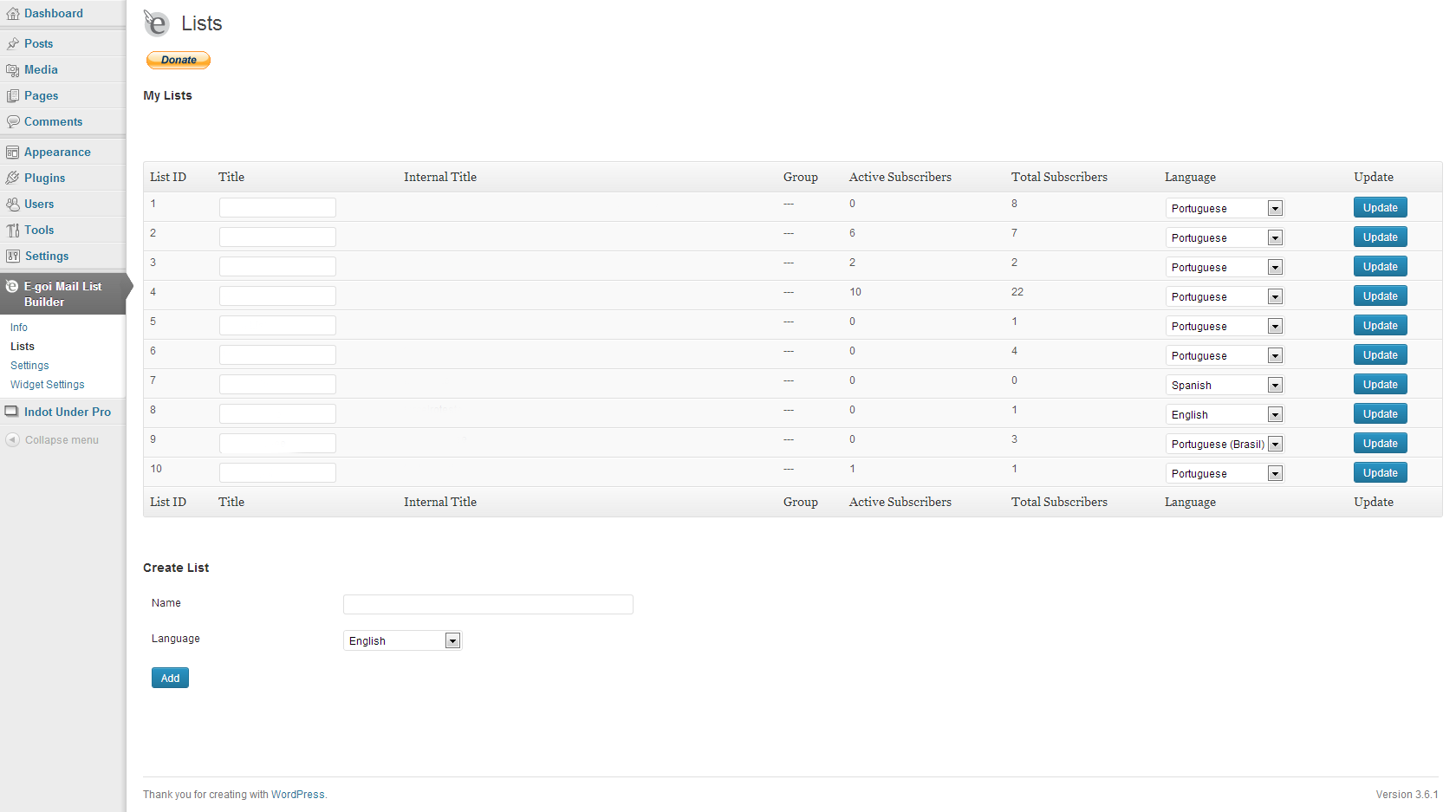 **Lists** - All the newsletter list you have. You can update their name and language. And even create new lists!