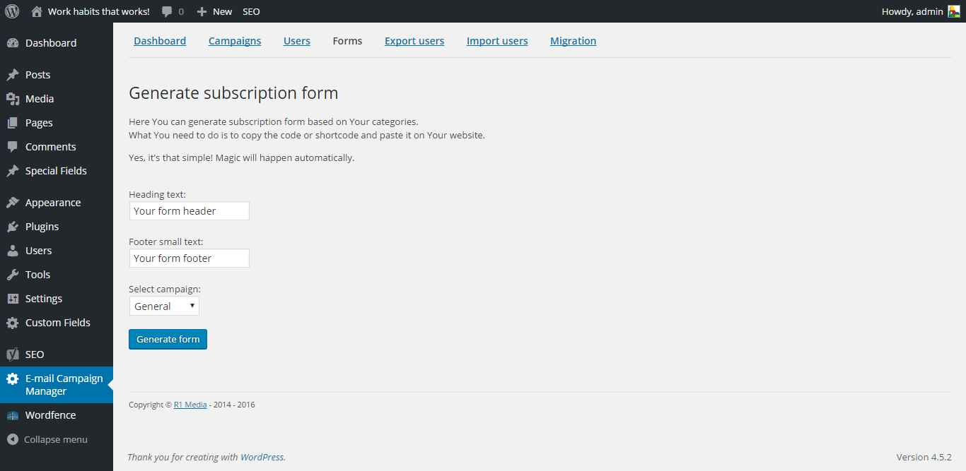 This screenshot shows how to generate new subscription form.