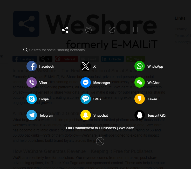 WeShare modal displayed after a user clicks the WeShare universal button icon