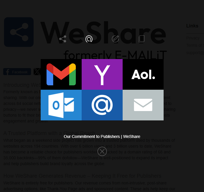 WeShare modal displayed after a user clicks the WeShare universal button icon