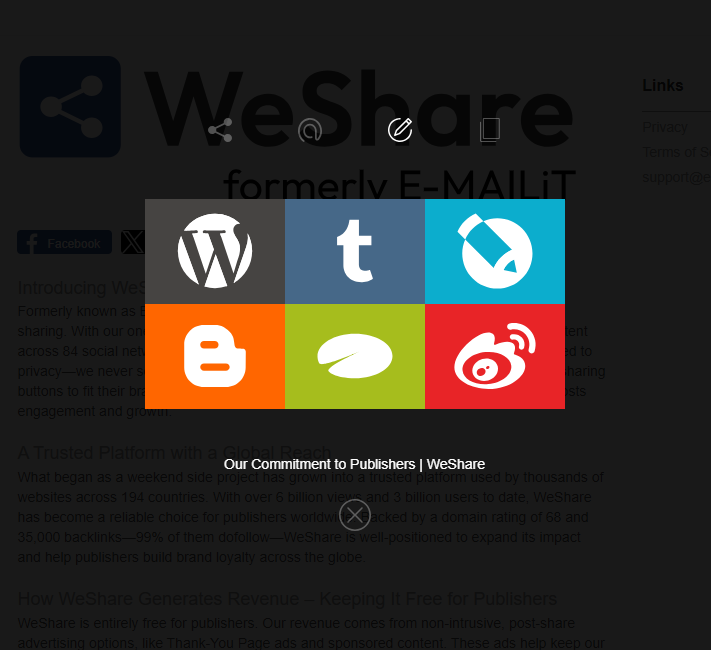 WeShare modal displayed after a user clicks the WeShare universal button icon