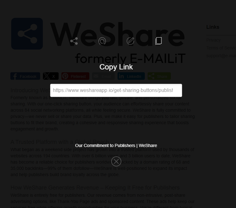 WeShare modal displayed after a user clicks the WeShare universal button icon