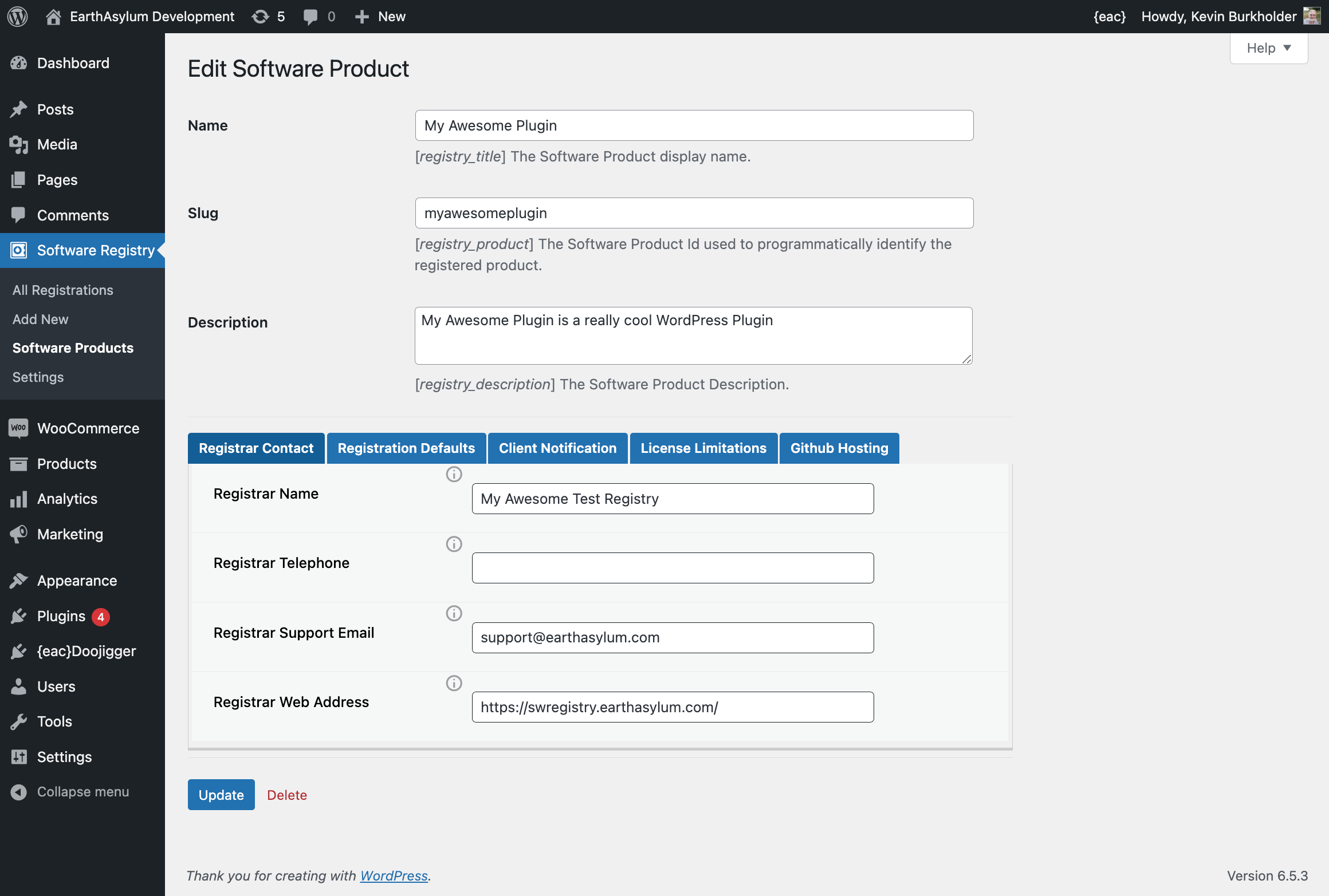 Software Registry → Software Products → {product} → Registrar Contact